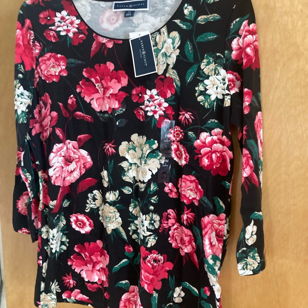 Karen Scott Black Long-Sleeve Floral Scoop-Neck Top - Pink & Cream Flowers